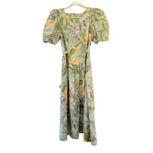 Vintage! BLAIR WOOLVERTON 80s 90s Size 6 Midi Dress Floral Puff Sleeve Tie Waist
